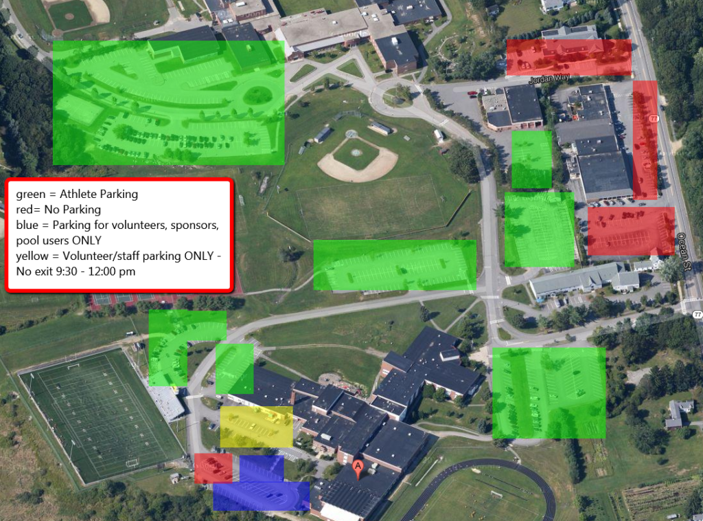 An overhead view of the parking lots around Cape Elizabeth High School. Athlete parking lots are marked in green, volunteer parking is marked in yellow outside of the cafeteria, swimmer parking is marked in blue behind the finish line, and off-limit parking lots are marked in red.